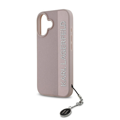 Apple iPhone 16 Kılıf Karl Lagerfeld Orjinal Lisanslı Anahtarlıklı Taşlı KL Yazılı Saffiano Rhinestones Kapak Siyah