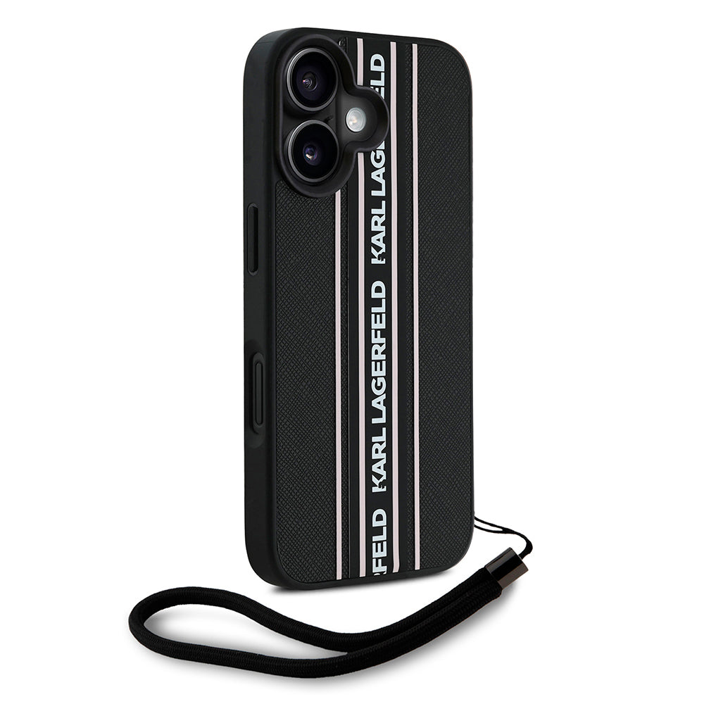 Apple iPhone 16 Kılıf Karl Lagerfeld Orjinal Lisanslı Askılı Saffiano Athleisure Şerit Çizgili Kapak Siyah-Pembe