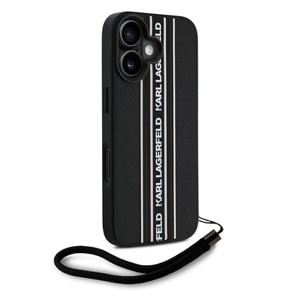 Apple iPhone 16 Kılıf Karl Lagerfeld Orjinal Lisanslı Askılı Saffiano Athleisure Şerit Çizgili Kapak Siyah-Pembe
