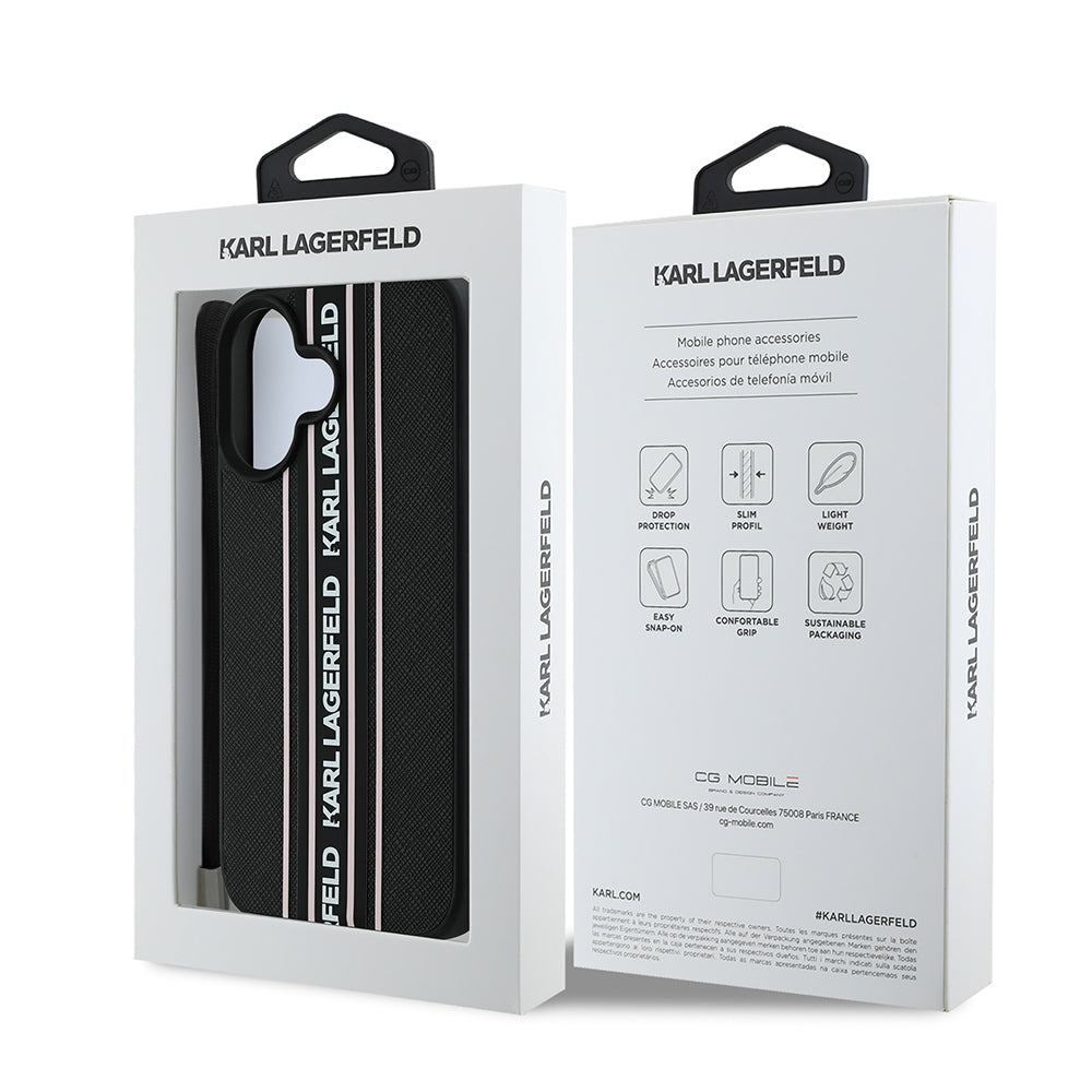 Apple iPhone 16 Kılıf Karl Lagerfeld Orjinal Lisanslı Askılı Saffiano Athleisure Şerit Çizgili Kapak Siyah-Pembe