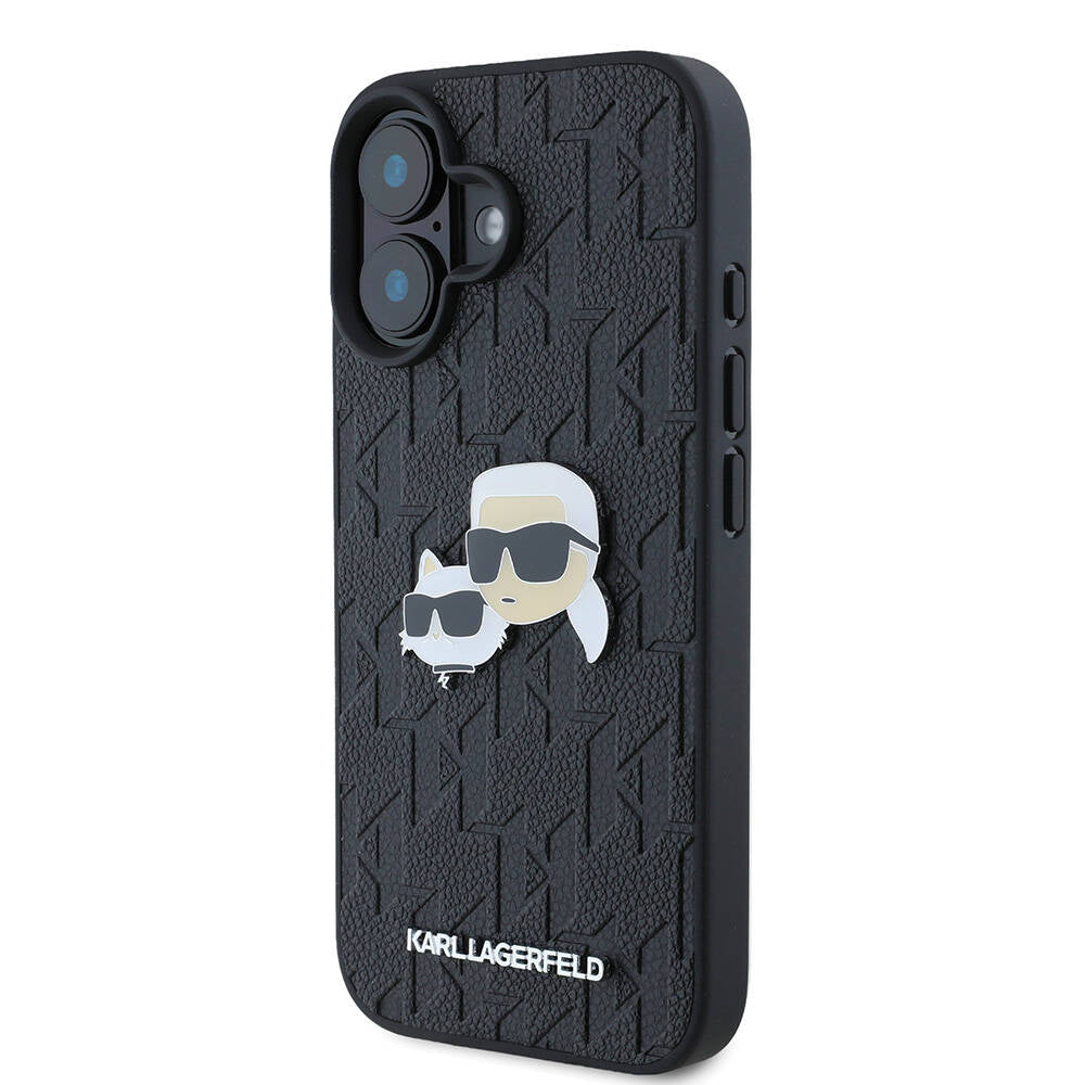 Apple iPhone 16 Kılıf Karl Lagerfeld Orjinal Lisanslı K&C Heads Monogram Pin Kapak Siyah
