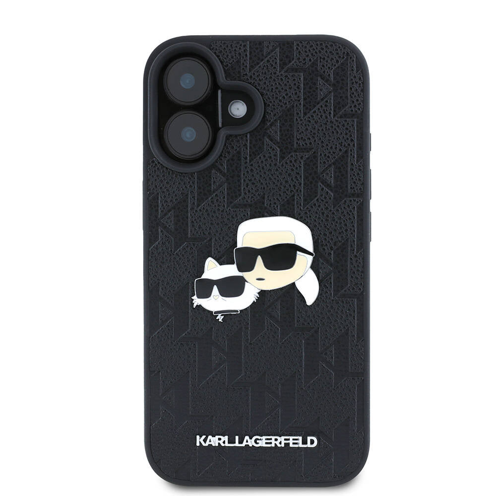 Apple iPhone 16 Kılıf Karl Lagerfeld Orjinal Lisanslı K&C Heads Monogram Pin Kapak Siyah