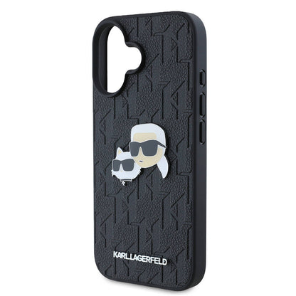 Apple iPhone 16 Kılıf Karl Lagerfeld Orjinal Lisanslı K&C Heads Monogram Pin Kapak Siyah