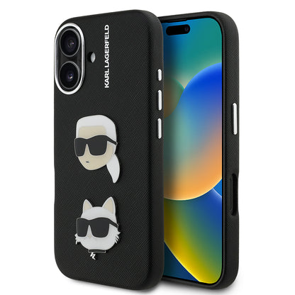 Apple iPhone 16 Kılıf Karl Lagerfeld Orjinal Lisanslı K&C Heads Pin Kapak Siyah