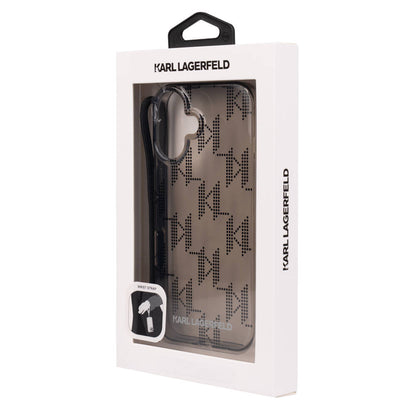 Apple iPhone 16 Kılıf Karl Lagerfeld Orjinal Lisanslı KL Desenli Saydam Bilek Askı İpli Klasik Logolu Kapak Siyah
