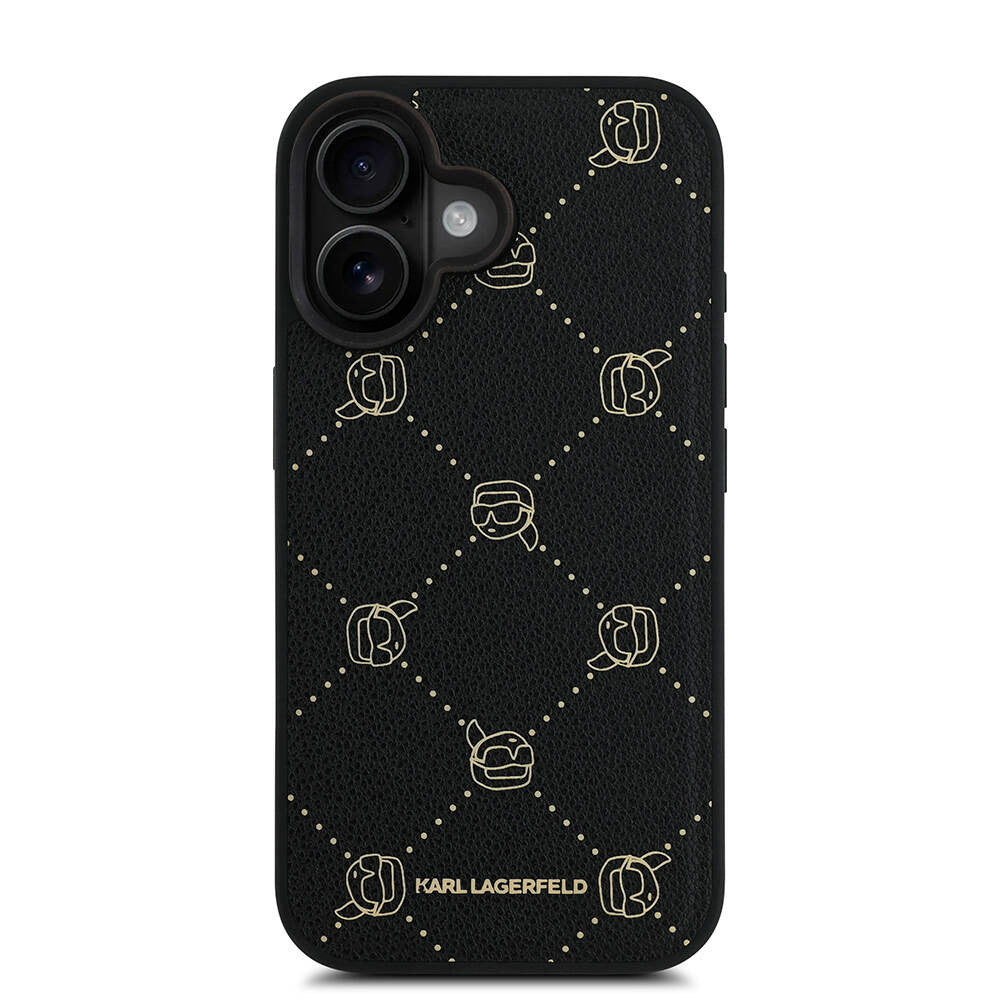 Apple iPhone 16 Kılıf Karl Lagerfeld Orjinal Lisanslı M-safe Şarj Özellikli PU Deri Karl Heads Desenli Klasik Logolu Kapak Siyah