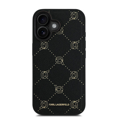 Apple iPhone 16 Kılıf Karl Lagerfeld Orjinal Lisanslı M-safe Şarj Özellikli PU Deri Karl Heads Desenli Klasik Logolu Kapak Siyah