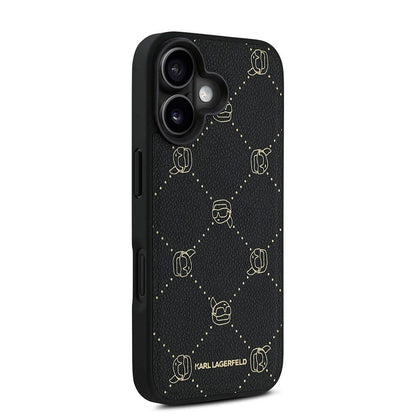 Apple iPhone 16 Kılıf Karl Lagerfeld Orjinal Lisanslı M-safe Şarj Özellikli PU Deri Karl Heads Desenli Klasik Logolu Kapak Siyah
