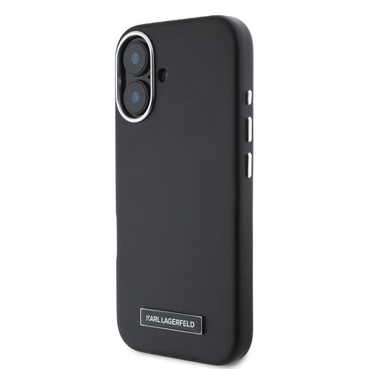 Apple iPhone 16 Kılıf Karl Lagerfeld Orjinal Lisanslı M-safe Şarj Özellikli Metal Kamera ve Buton Tasarımlı Plaka Logolu PU Deri Kapak Siyah