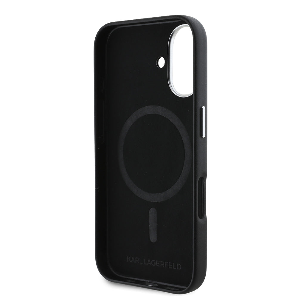 Apple iPhone 16 Kılıf Karl Lagerfeld Orjinal Lisanslı M-safe Şarj Özellikli Metal Kamera ve Buton Tasarımlı Plaka Logolu PU Deri Kapak Siyah