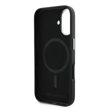 Apple iPhone 16 Kılıf Karl Lagerfeld Orjinal Lisanslı M-safe Şarj Özellikli Metal Kamera ve Buton Tasarımlı Plaka Logolu PU Deri Kapak Siyah