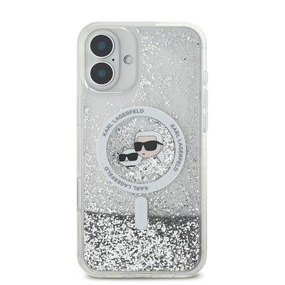Apple iPhone 16 Kılıf Karl Lagerfeld Orjinal Lisanslı M-safe Şarj Özellikli Sıvılı Simli K&C Heads Kapak Şeffaf