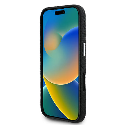 Apple iPhone 16 Kılıf Karl Lagerfeld Orjinal Lisanslı PU Deri Damgalı Metal Yazı Logolu Kapak Siyah