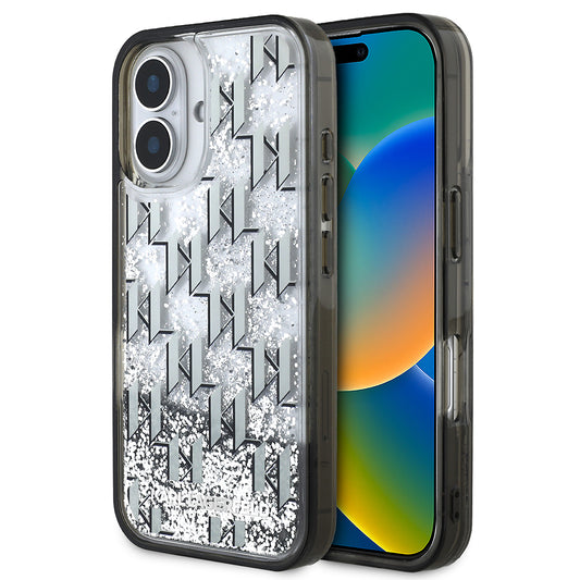 Apple iPhone 16 Kılıf Karl Lagerfeld Orjinal Lisanslı Simli KL Yazılı Monogram Gradient Kapak Siyah