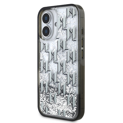 Apple iPhone 16 Kılıf Karl Lagerfeld Orjinal Lisanslı Simli KL Yazılı Monogram Gradient Kapak Siyah