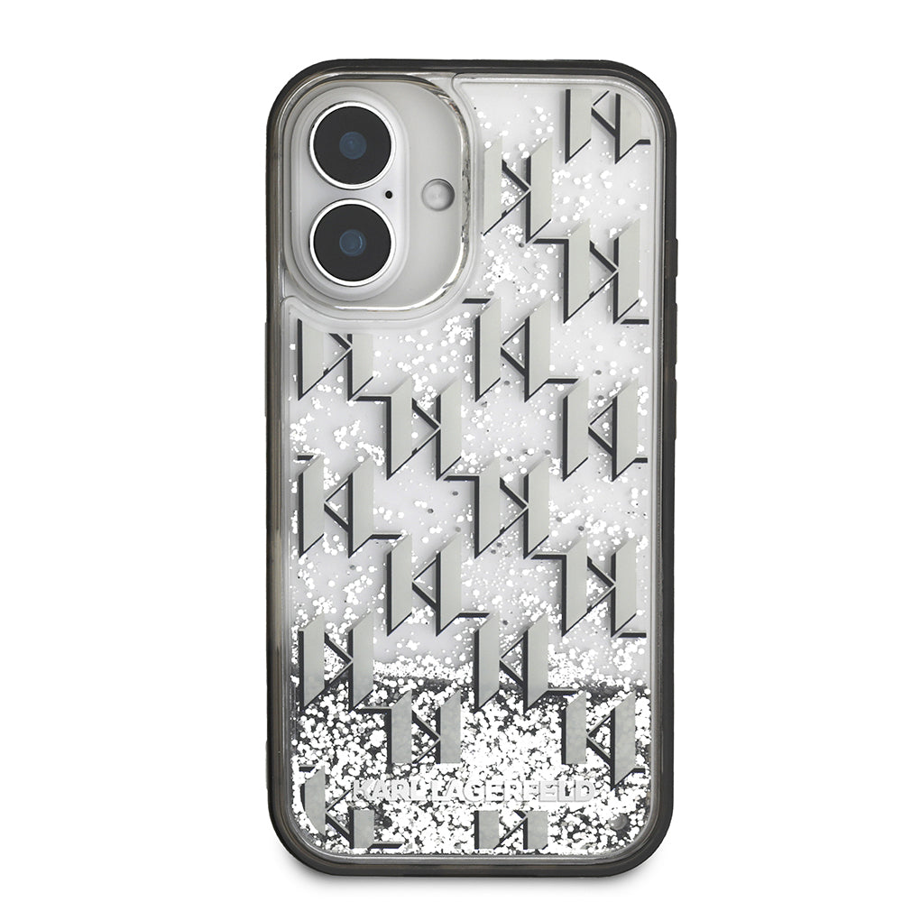 Apple iPhone 16 Kılıf Karl Lagerfeld Orjinal Lisanslı Simli KL Yazılı Monogram Gradient Kapak Siyah