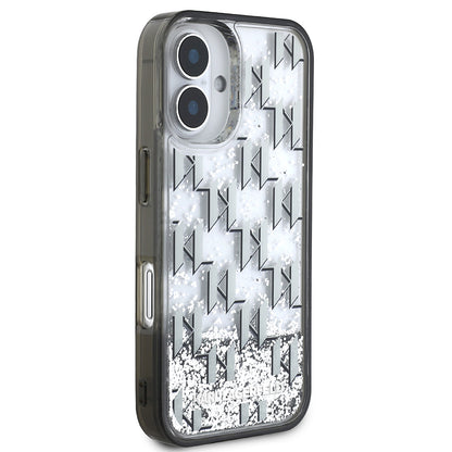 Apple iPhone 16 Kılıf Karl Lagerfeld Orjinal Lisanslı Simli KL Yazılı Monogram Gradient Kapak Siyah