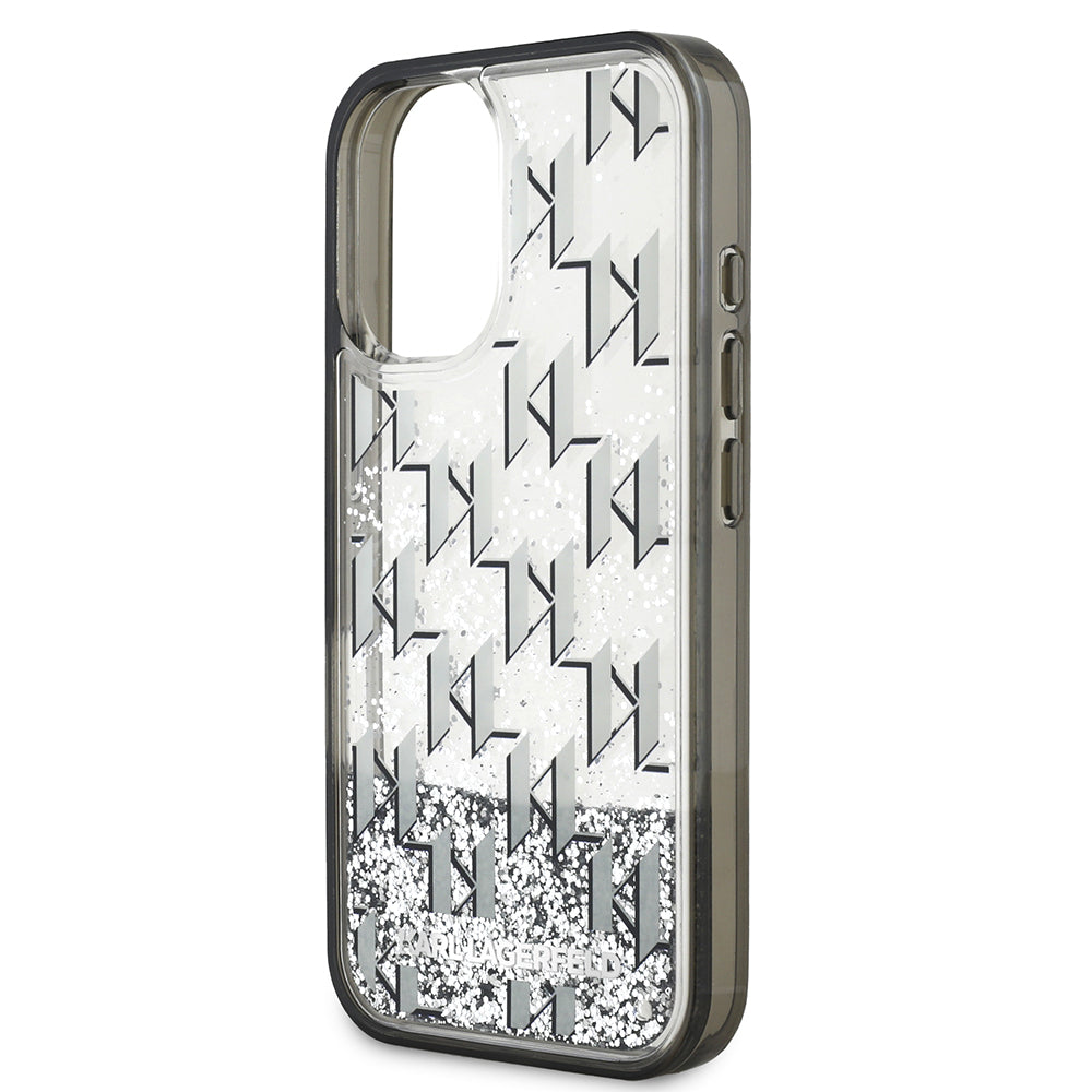 Apple iPhone 16 Kılıf Karl Lagerfeld Orjinal Lisanslı Simli KL Yazılı Monogram Gradient Kapak Siyah