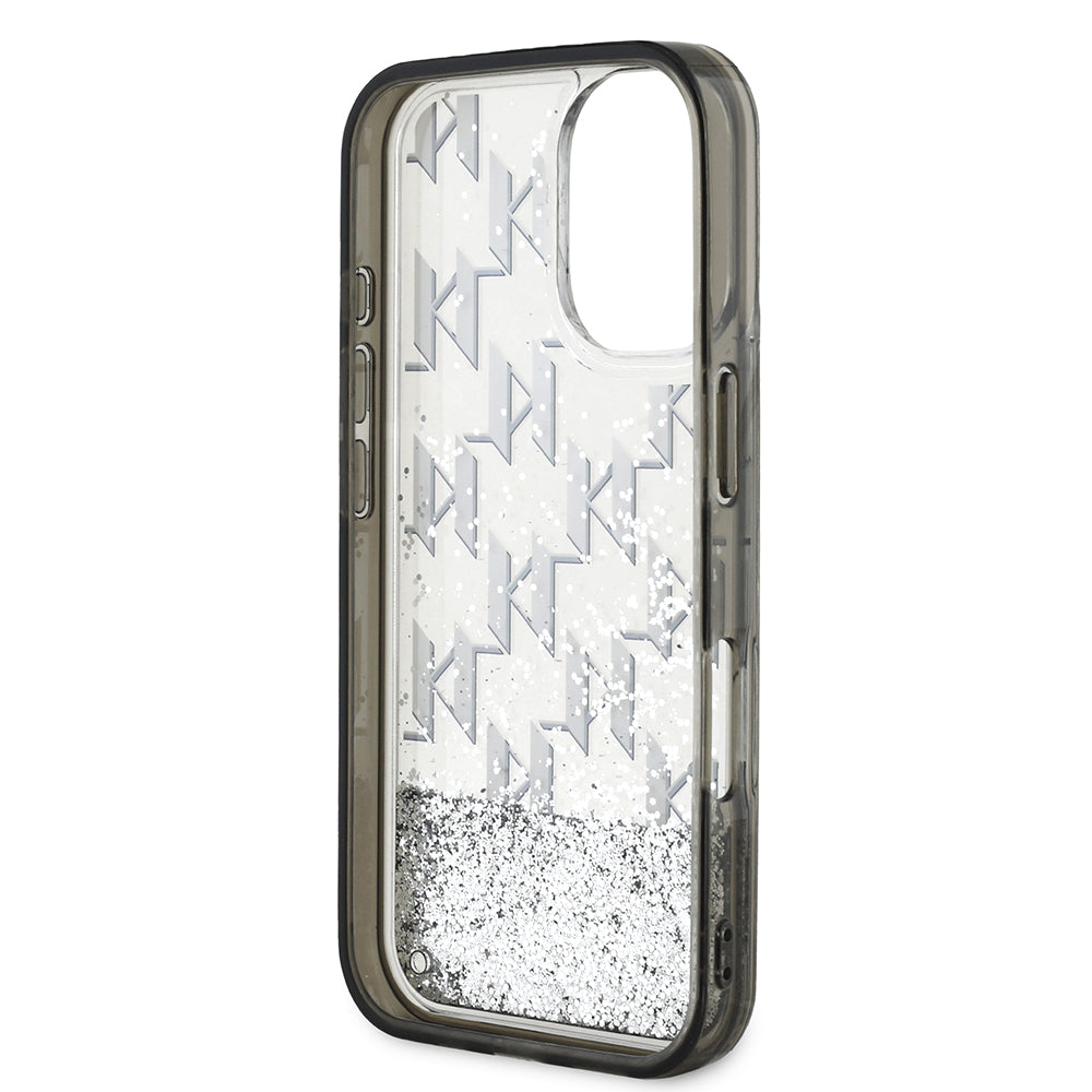 Apple iPhone 16 Kılıf Karl Lagerfeld Orjinal Lisanslı Simli KL Yazılı Monogram Gradient Kapak Siyah