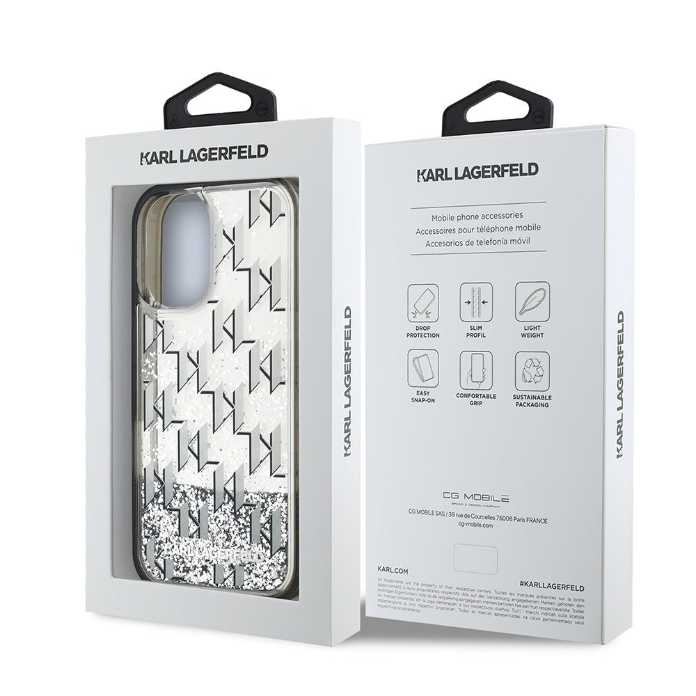 Apple iPhone 16 Kılıf Karl Lagerfeld Orjinal Lisanslı Simli KL Yazılı Monogram Gradient Kapak Siyah