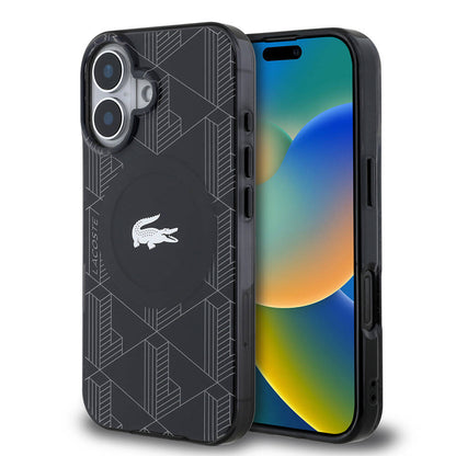 Apple iPhone 16 Kılıf Lacoste Orjinal Lisanslı M-safe Şarj Özellikli IML Baskılı Gümüş Timsah Logolu Monogram Kapak Siyah