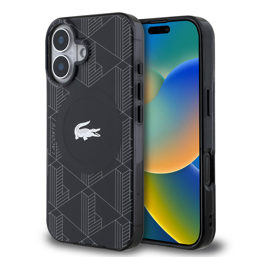 Apple iPhone 16 Kılıf Lacoste Orjinal Lisanslı M-safe Şarj Özellikli IML Baskılı Gümüş Timsah Logolu Monogram Kapak Yeşil