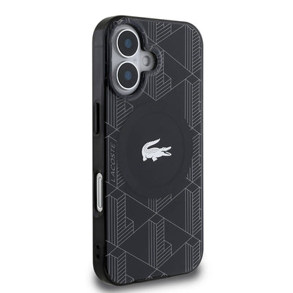 Apple iPhone 16 Kılıf Lacoste Orjinal Lisanslı M-safe Şarj Özellikli IML Baskılı Gümüş Timsah Logolu Monogram Kapak Lacivert