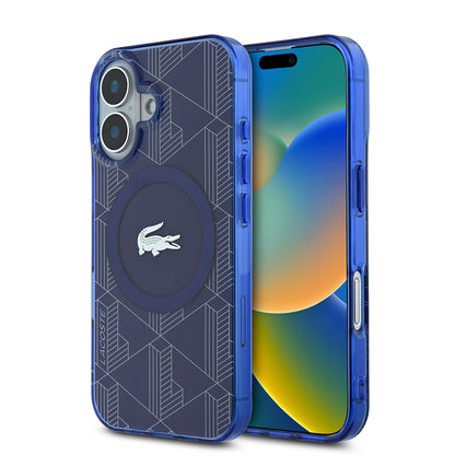 Apple iPhone 16 Kılıf Lacoste Orjinal Lisanslı M-safe Şarj Özellikli IML Baskılı Gümüş Timsah Logolu Monogram Kapak Lacivert