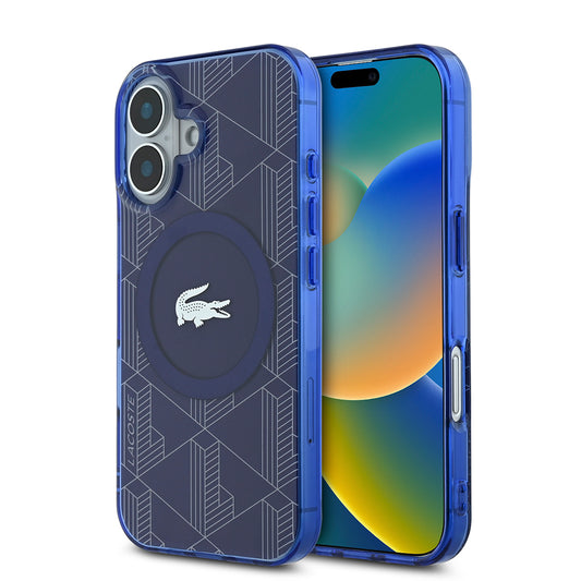 Apple iPhone 16 Kılıf Lacoste Orjinal Lisanslı M-safe Şarj Özellikli IML Baskılı Gümüş Timsah Logolu Monogram Kapak Lacivert