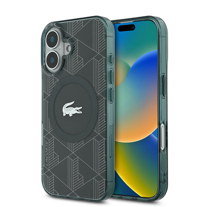 Apple iPhone 16 Kılıf Lacoste Orjinal Lisanslı M-safe Şarj Özellikli IML Baskılı Gümüş Timsah Logolu Monogram Kapak Yeşil