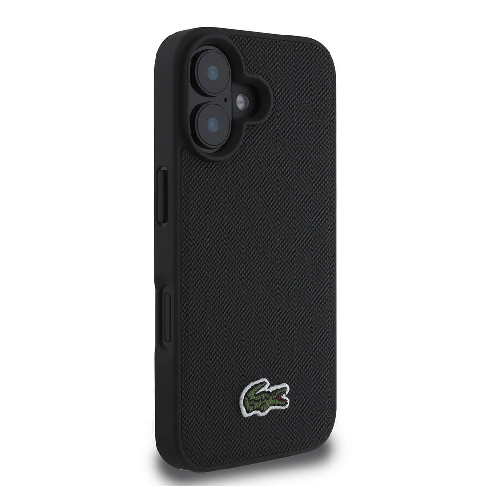Apple iPhone 16 Kılıf Lacoste Orjinal Lisanslı PU Pike Desenli Arka Yüzey İkonik Timsah Dokuma Logolu Kapak Siyah