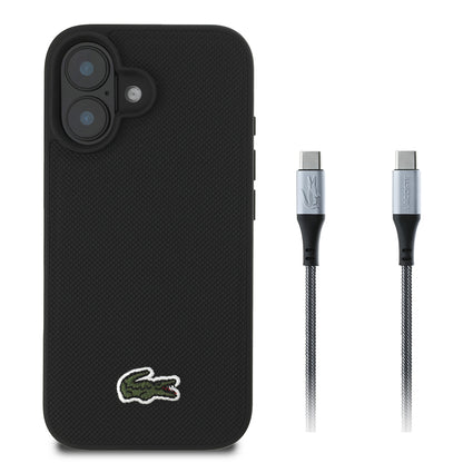 Apple iPhone 16 Kılıf Lacoste Orjinal Lisanslı PU Pike Desenli Arka Yüzey İkonik Timsah Dokuma Logolu Kapak + Type-C Kablo 1.5m Siyah