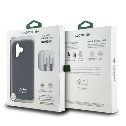 Apple iPhone 16 Kılıf Lacoste Orjinal Lisanslı PU Pike Desenli Arka Yüzey İkonik Timsah Dokuma Logolu Kapak + Type-C Kablo 1.5m Siyah