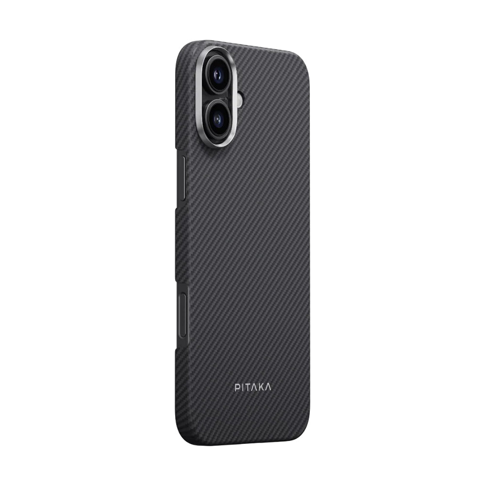 Apple iPhone 16 Kılıf M-safe Şarj Özellikli 600D Aramid Fiber Pitaka Ultra-Slim Classic Serisi Black-Grey Twill Kapak Siyah