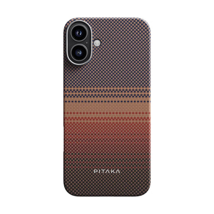 Apple iPhone 16 Kılıf M-safe Şarj Özellikli Aramid Fiber Pitaka Tactile Woven Sunset-Moonrise Serisi Sunset Kapak Kahverengi