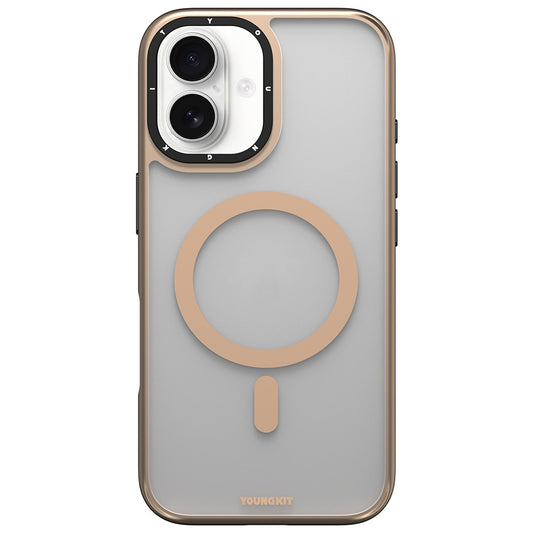 Apple iPhone 16 Kılıf M-safe Şarj Özellikli Cam Arka Yüzey TPU Youngkit Gemstone Serisi Kapak Gold