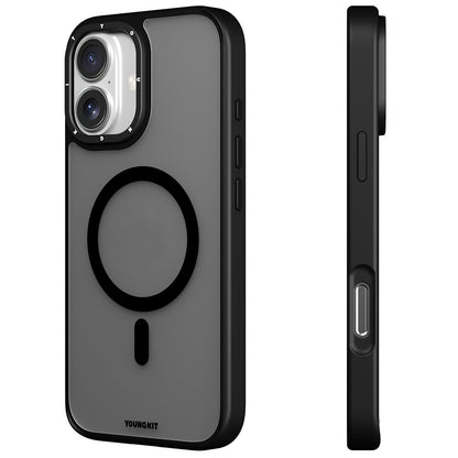 Apple iPhone 16 Kılıf M-safe Şarj Özellikli Cam Arka Yüzey TPU Youngkit Gemstone Serisi Kapak Gri