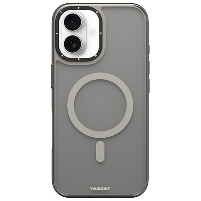 Apple iPhone 16 Kılıf M-safe Şarj Özellikli Cam Arka Yüzey TPU Youngkit Gemstone Serisi Kapak Gri