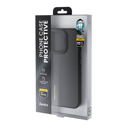 Apple iPhone 16 Kılıf M-safe Şarj Özellikli Karbon Fiber Benks Montage Hybrid ArmorPro Kevlar Kapak Siyah