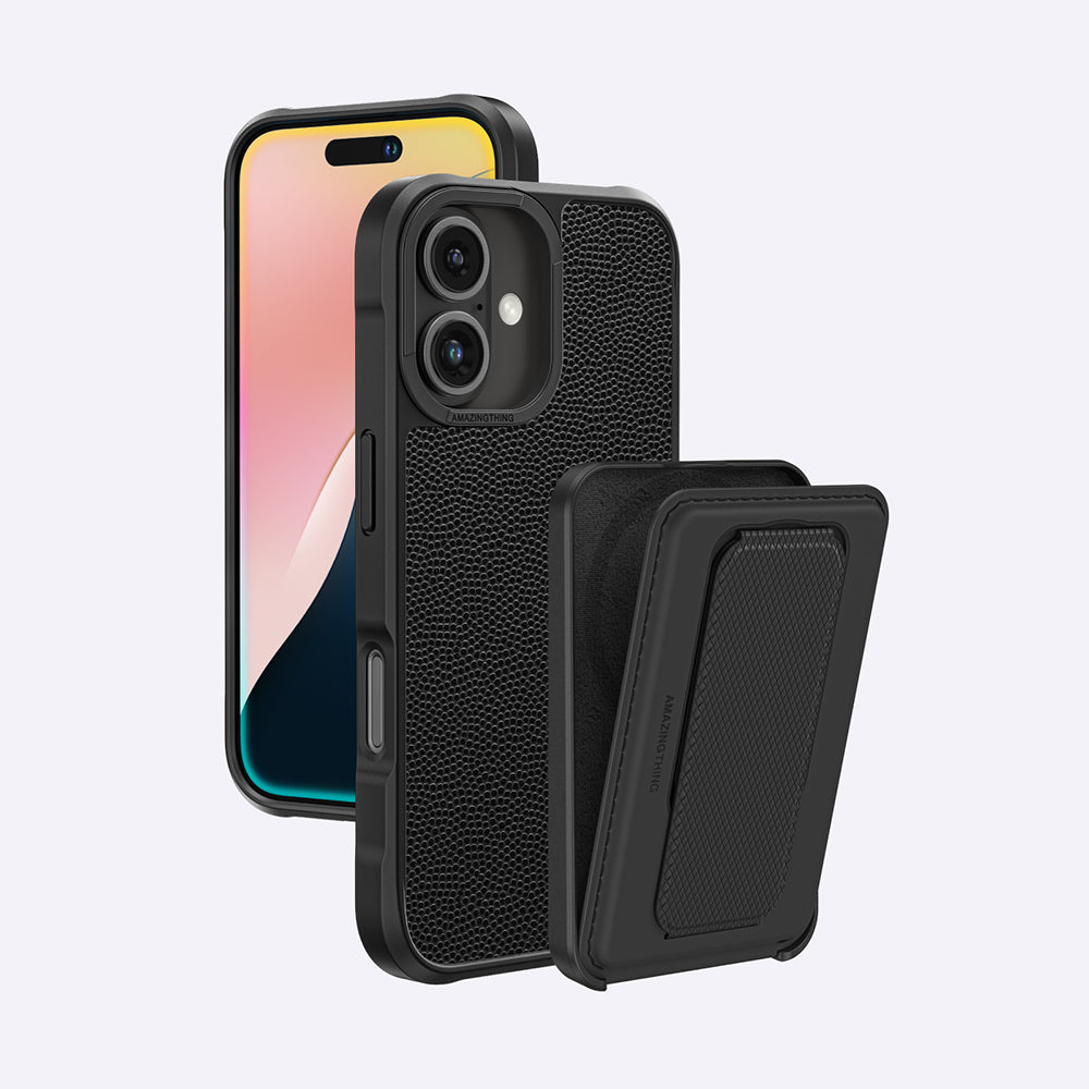 Apple iPhone 16 Kılıf M-safe Şarj Özellikli Standlı Kartlıklı Set Amazingthing Glamour Luxe Serisi Kapak Siyah