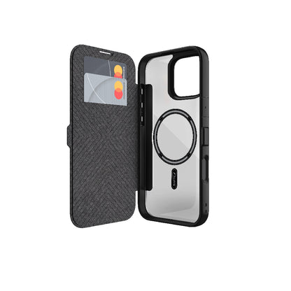 Apple iPhone 16 Kılıf M-safe Şarj Özellikli Vegan Deri Tasarımlı Şeffaf Arka Yüzey Kartlıklı Raptic Urban Folio Serisi Kapak Siyah