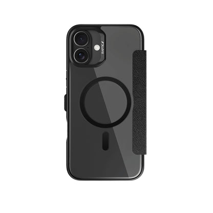 Apple iPhone 16 Kılıf M-safe Şarj Özellikli Vegan Deri Tasarımlı Şeffaf Arka Yüzey Kartlıklı Raptic Urban Folio Serisi Kapak Siyah