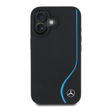 Apple iPhone 16 Kılıf Mercedes Benz Orjinal Lisanslı M-safe Şarj Özellikli 3D Metal Logolu Mavi Dikey Eğri Çizgili Deri Kapak