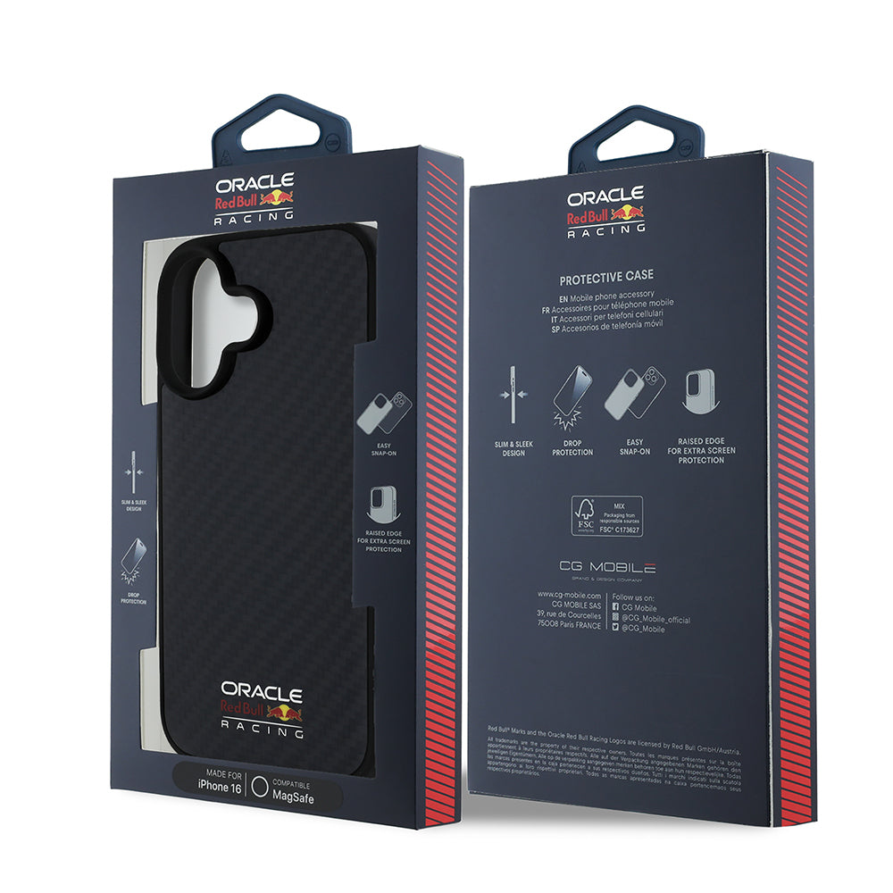 Apple iPhone 16 Kılıf Redbull Orjinal Lisanslı M-safe Şarj Özellikli Karbon Fiber Tasarımlı Parlayan Logolu Kapak Siyah