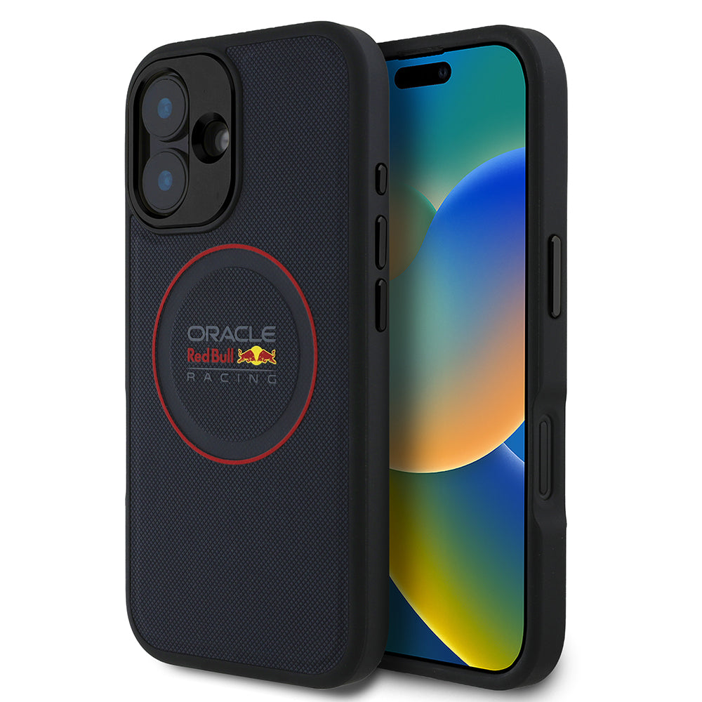 Apple iPhone 16 Kılıf Redbull Orjinal Lisanslı M-safe Şarj Özellikli Kırmızı Halka ve Logo Kabartmalı PU Deri Kapak Lacivert