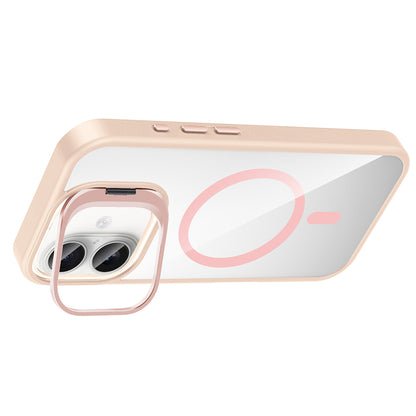 Apple iPhone 16 Kılıf Standlı ve Kamera Lens Hediyeli M-Safe Şarj Özellikli Zore Etro Kapak Pembe