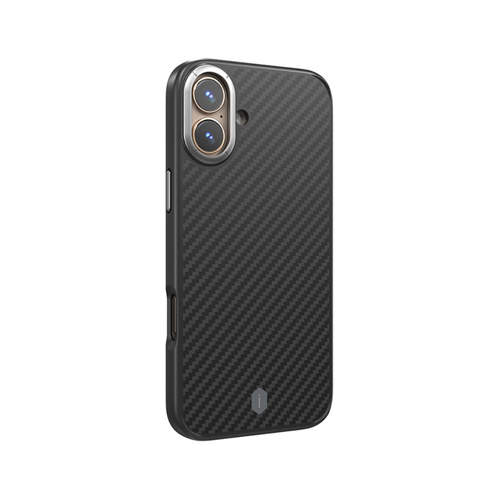 Apple iPhone 16 Kılıf Wiwu DCC-205 M-safe Şarj Özellikli Aramid Fiber Tasarım Kevlar Kapak Siyah