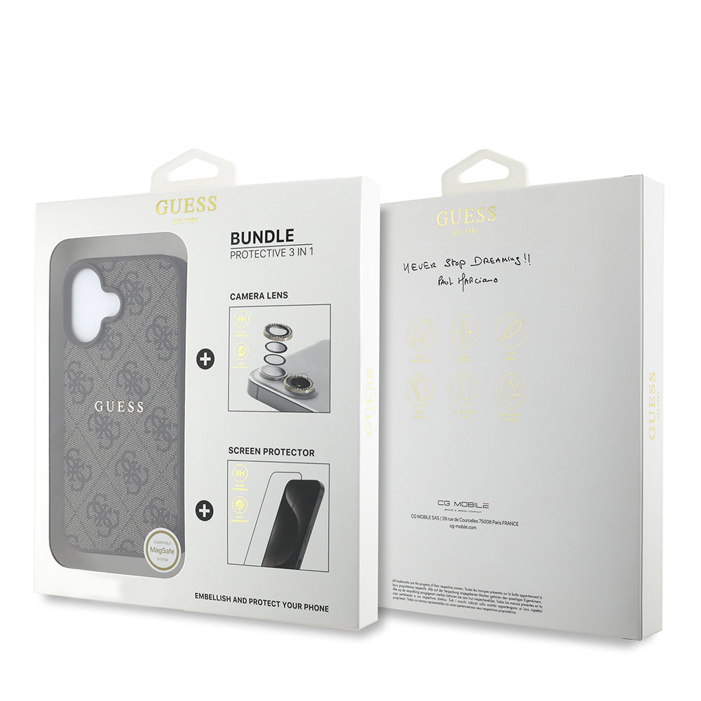 Apple iPhone 16 Plus Guess Orjinal Lisanslı Kılıf + Ekran Koruyucu + Lens Koruyucu 3in1 Aksesuar Seti Siyah