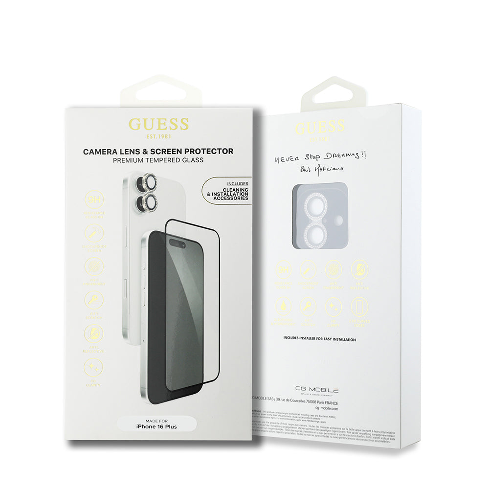 Apple iPhone 16 Plus Guess Orjinal Lisanslı Rhinestone Ekran Koruyucu + Lens Koruyucu 2in1 Aksesuar Seti Gümüş