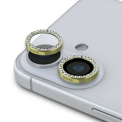 Apple iPhone 16 Plus Guess Orjinal Lisanslı Rhinestone Ekran Koruyucu + Lens Koruyucu 2in1 Aksesuar Seti Gold